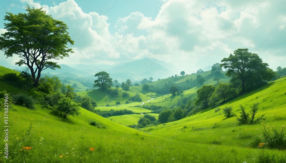 Obraz premium Emerald Valley Vista: The sun-kissed panorama unfolds a breathtaking view of rolling hills, a vivid expanse of green, punctuated by flourishing trees.