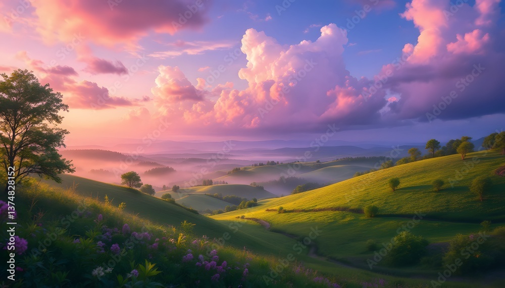 Pastel Panorama: Rolling hills unfold under a vibrant, pastel-hued sky filled with fluffy clouds, capturing the serene beauty of a sunrise over a tranquil landscape.
