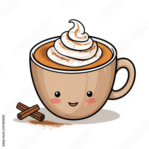 Cartoon pumpkin spice latte with whipped cream isolated on transparent background