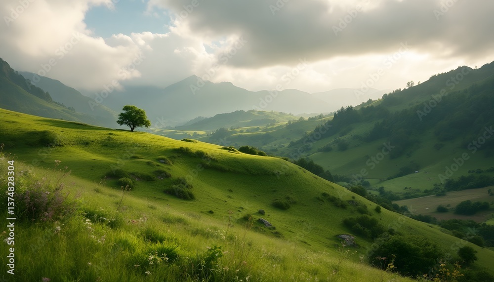 Obraz premium Emerald Valley: A sweeping vista of rolling green hills, embraced by majestic mountains under a dramatic, cloud-filled sky, embodying tranquility and natural beauty.