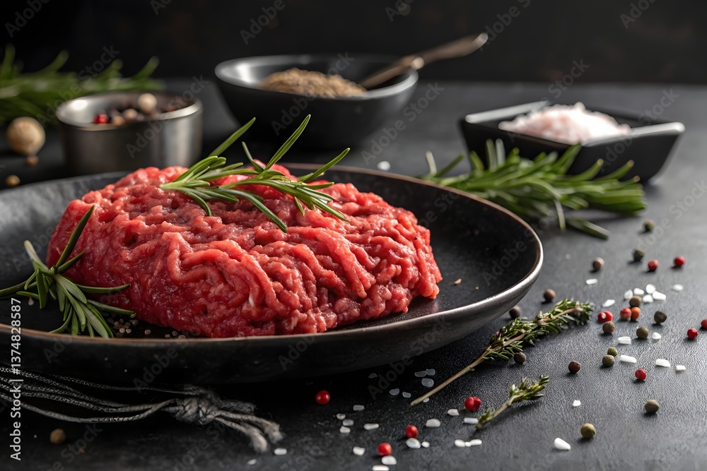 Fresh, red minced meat with spices on a white plate suggests a delicious beef dish Fresh, red minced meat with spices on a white plate suggests a delicious beef dish