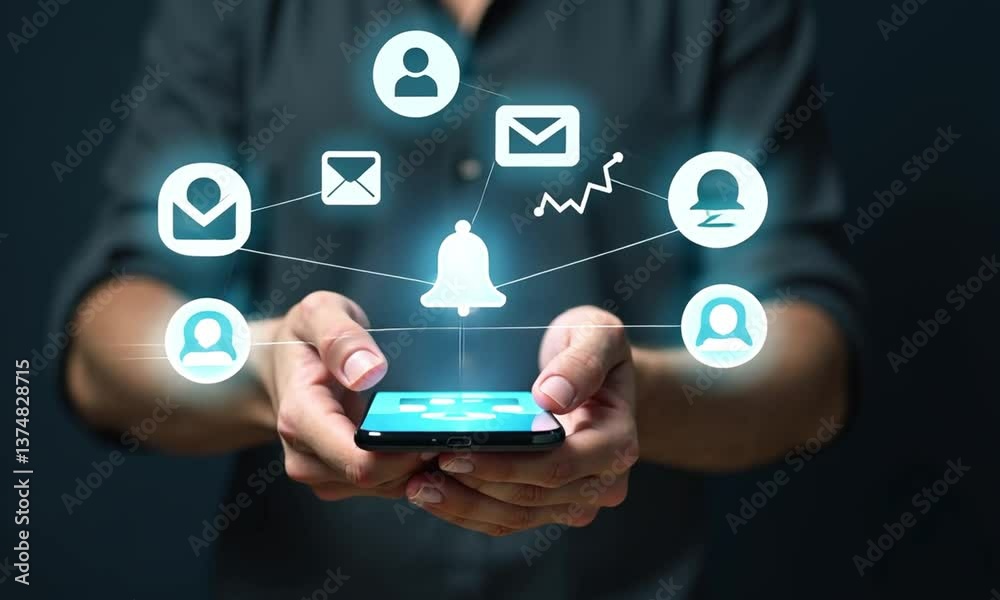 custom made wallpaper toronto digitalAlert notification concept. Push Notifications, Web Reminders, Time Table and Announcements. Person using smartphone with notification icon on virtual screen