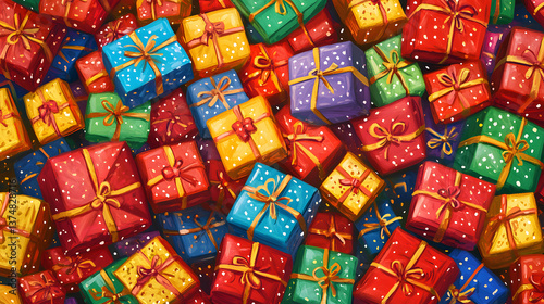 Background with different gifts. Bright and cheerful illustration is a stack of bright gifts decorated with ribbons, which creates a festive and solemn atmosphere.