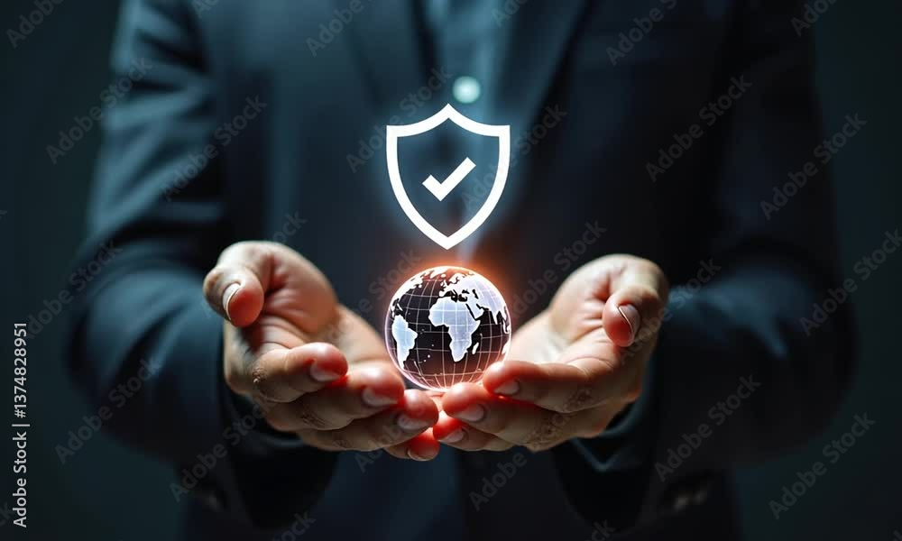 Businessman with virtual cyber security technology and online data protection for security of data storage used by global business network server to secure cyber information.