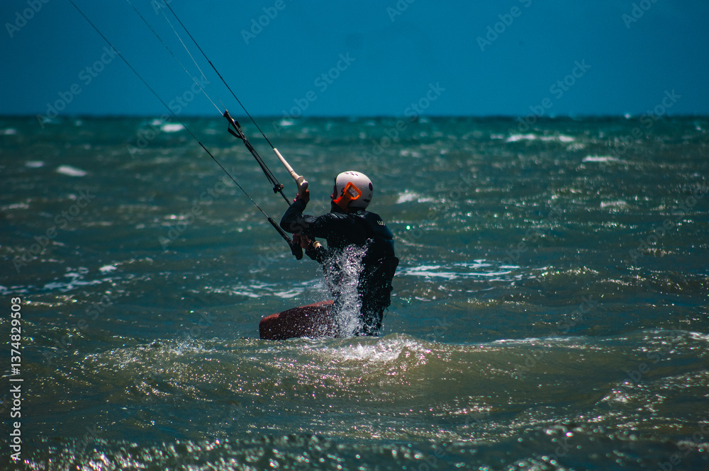 Fototapeta premium Kitesurf Kite Surf Vento Esporte Velejo Praia Preá Ceará Nordeste Brasil Mar Ondas Prancha Atleta Adrenalina Competição Natureza Verão Turismo Verão Ativo Onda Surfar