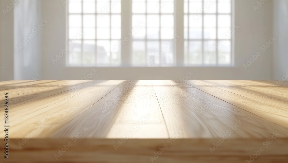 Empty light-filled room with wooden table top, sunlit, product display Empty light-filled room with wooden table top, sunlit, product display