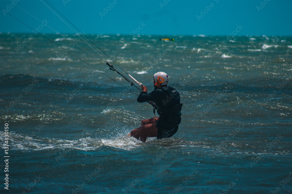 Fototapeta premium Kitesurf Kite Surf Vento Esporte Velejo Praia Preá Ceará Nordeste Brasil Mar Ondas Prancha Atleta Adrenalina Competição Natureza Verão Turismo Verão Ativo Onda Surfar