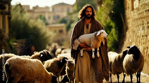 Serene scene of a shepherd jesus holding a sheep amidst a flock in a rustic village setting concept of shepherd jesus and sheep