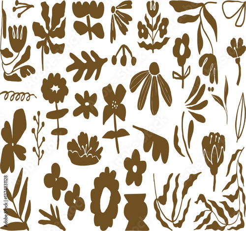 Brown abstract creative hand drawing doodle floral botanical element set