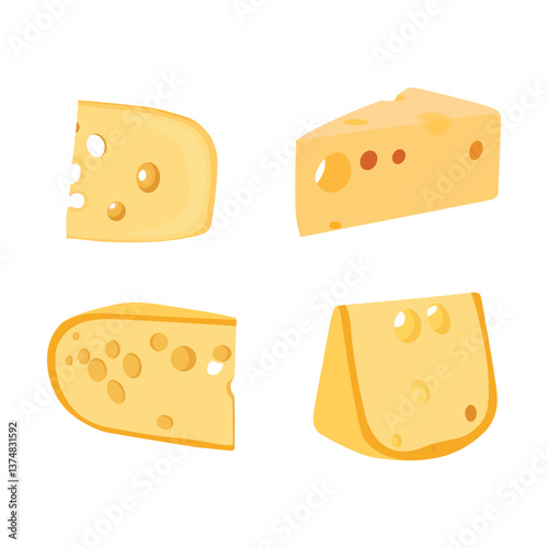 Vector illustration of cheese in cartoon flat style. Cartoon cutted parmesan, brie triangle, mozzarella, gouda cheddar and feta slices. Tasty dairy food product. Cheese vector set, parmesan cheddar