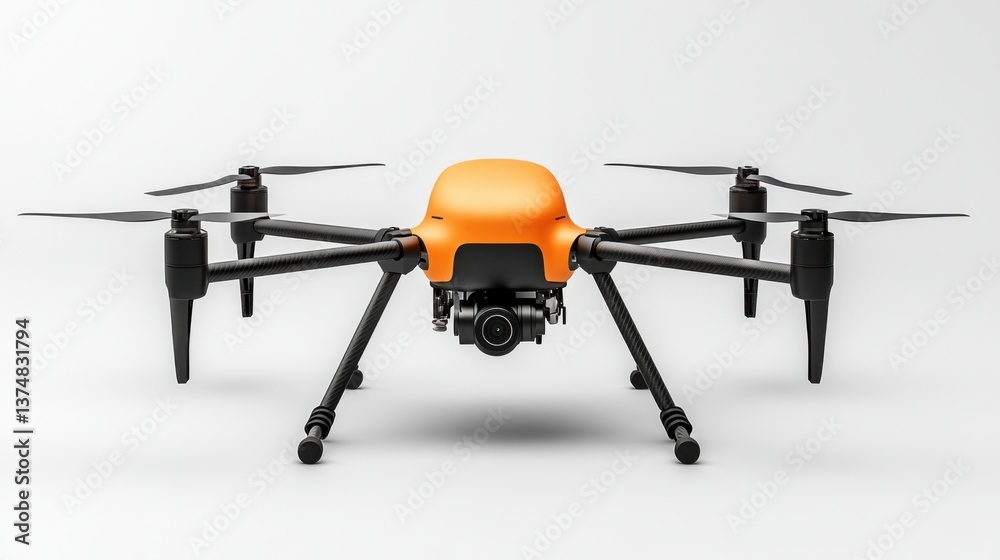 Modern Orange Drone with Four Rotors and Camera on a Minimalist White Background Modern Orange Drone with Four Rotors and Camera on a Minimalist White Background