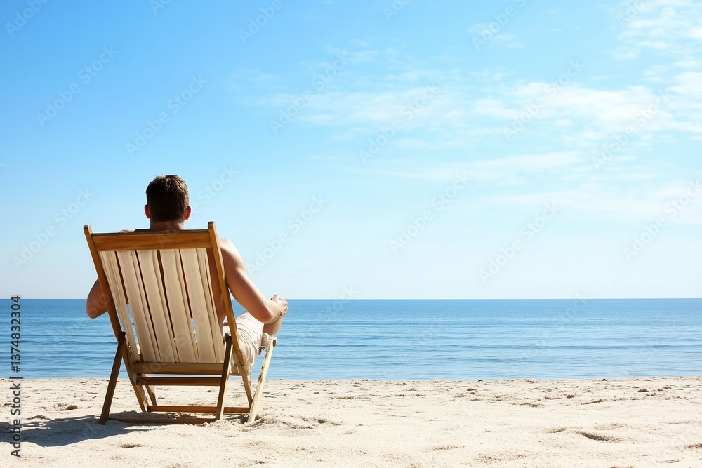 Naklejka premium Man relaxing on beach chair looking at the ocean on a sunny day. Serene and peaceful scene