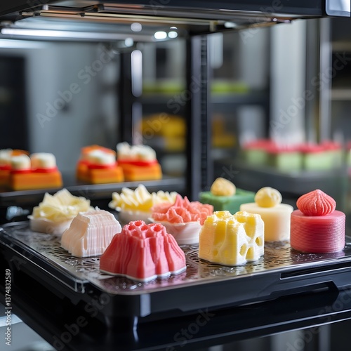 Close up of colorful mousse cake in 3d printing machine. 3D printer printing multicolored cakes. 3D printing concept. 3D Printed Desserts. Colorful Desserts with Bright Accents. Smooth Textures. 