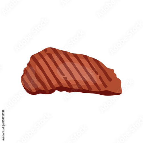 Vector illustration of grilled meat in cartoon flat style. Cartoon fried steak with grill marks. Chicken, pork, beef, burger patty. Raw, cooked and roasted meat vector set. Food meal for bbq