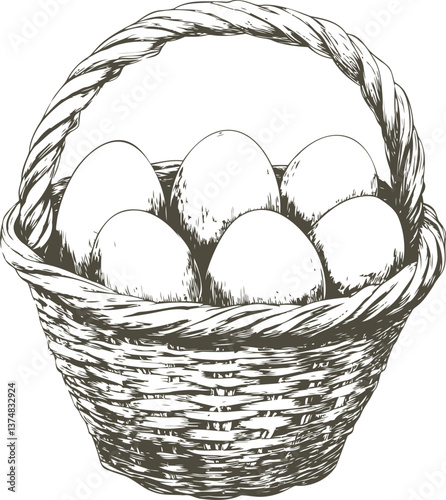 Basket with eggs detailed line drawing