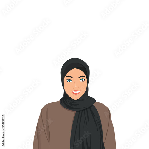 Vector illustration of woman in hijab in cartoon flat style. Collection of stylish mosleem business person, female in trendy clothes isolated on white
