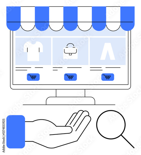 Digital storefront display with clothes and bags, cart icons, outstretched hand, and magnifying glass. Ideal for e-commerce, business, online support, consumer service, retail accessibility flat