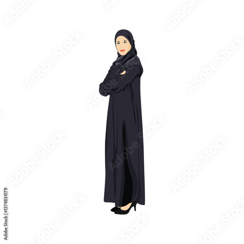 Vector illustration of woman in hijab in cartoon flat style. Collection of stylish mosleem business person, female in trendy clothes isolated on white