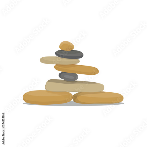 Vector illustration of pebbles balancing in cartoon flat style. Meditation balance stone pyramid. Stacked pebbles pastel colors object vector illustration isolated white background.