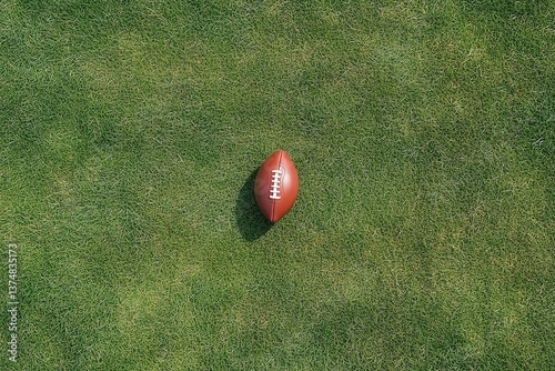 Top view of an American football on a green grass field in bright sunlight