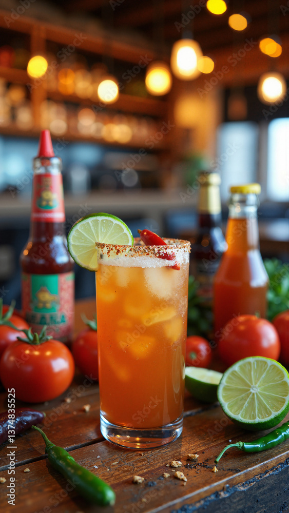 Vibrant Michelada cocktail with lime and chili garnish on rustic table, isolated on transparent background, perfect for Mexican cuisine ads, menus, and food blogs keywords: Michelada, cocktail,