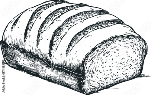 Hand drawn loaf of sliced bread with detailed texture in black and white sketch. Vector illustration