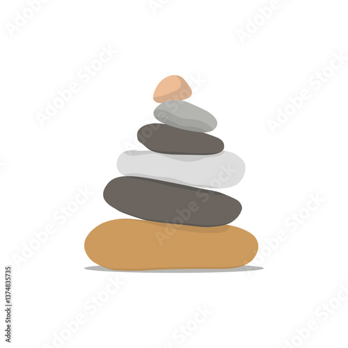Vector illustration of pebbles balancing in cartoon flat style. Meditation balance stone pyramid. Stacked pebbles pastel colors object vector illustration isolated white background.