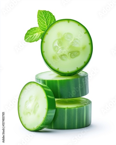 Fresh cucumber slices stacked with a mint leaf, showcasing vibrant green colors and a crisp texture.