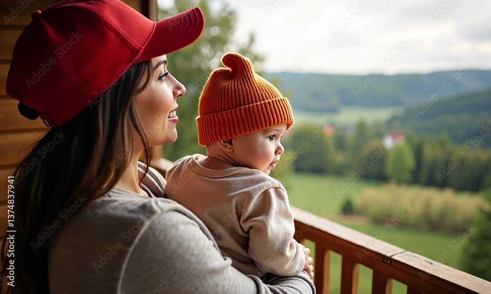 Family lifestyle mother with infant baby sitting on terrace together, parent with child bonding together happy mom and kid enjoying nature view