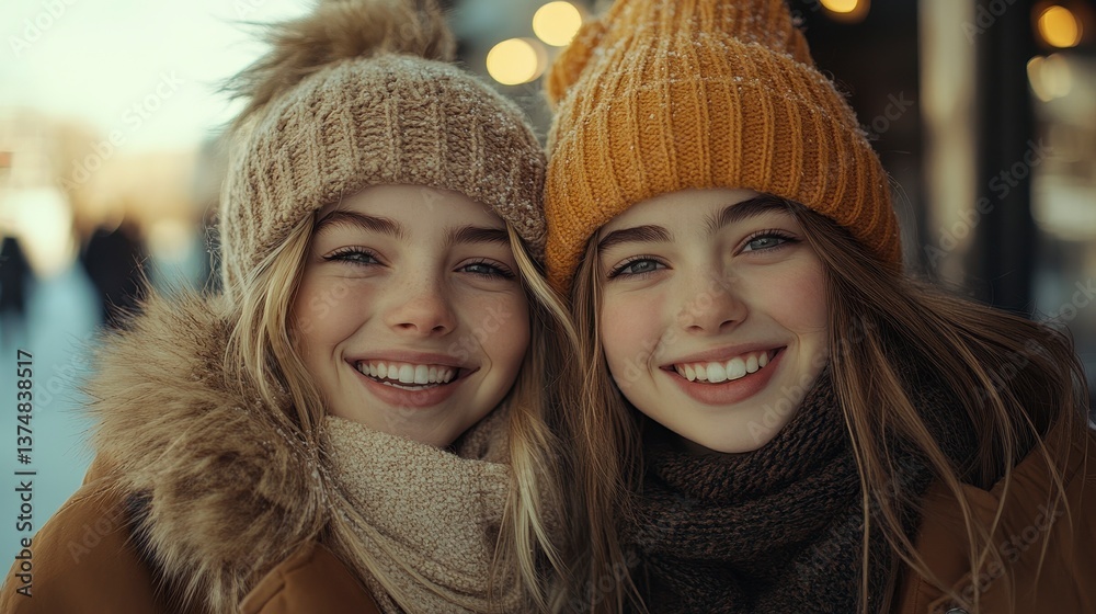 Smiling girls in beanies pose closely in a softly focused winter street scene Smiling girls in beanies pose closely in a softly focused winter street scene