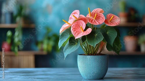 Potted Anthurium Pink flowers with yellow spadices in a blue pot. Green leaves abound