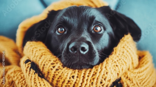 A black dog wrapped snugly in a luxurious yellow scarf radiates warmth and comfort, embodying the tranquility of the indoor space during chillier seasons with a peaceful expression.