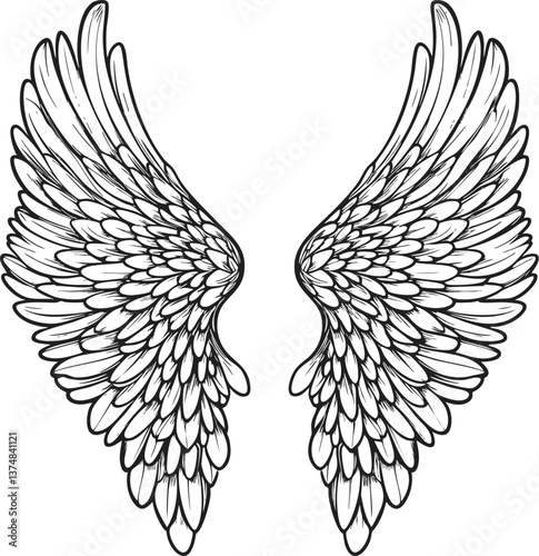 Illustrated black and white angel wings with detailed feathers on white background. Vector illustration