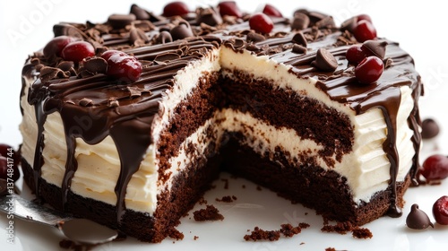 This stunning chocolate cake is layered with smooth cream and drizzled with chocolate. It's a visual delight, perfect for birthdays or celebrations, destined to please chocolate lovers.