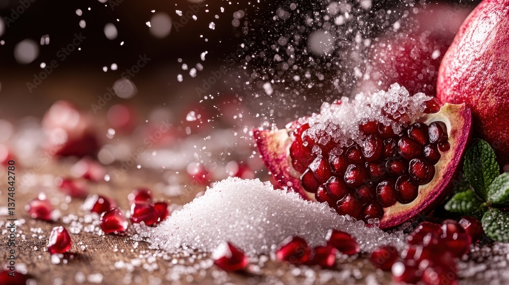 A vibrant image showcasing a pomegranate sliced open with glistening sugar crystals, creating a dynamic interaction between health and sweetness. A vibrant image showcasing a pomegranate sliced open with glistening sugar crystals, creating a dynamic interaction between health and sweetness.