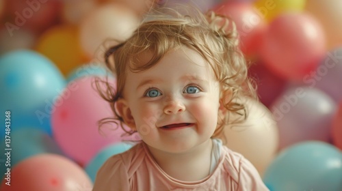 Toddler laughing joyfully amidst colorful balloons in a playful setting