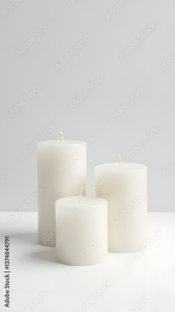 White candles in different heights displayed on pristine white mockup show poured wax texture details. White candles in different heights displayed on pristine white mockup show poured wax texture details.