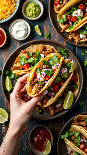 Top-view of a hand holding a delicious taco with fresh toppings, isolated on transparent background, perfect for food blogs, menus, and Mexican cuisine ads    keywords:   taco, hand, food, Mexican, 