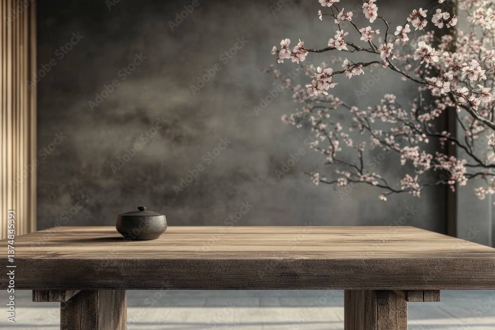 Empty wooden table with dark pot, cherry blossoms, and muted background in a zen-like interior Empty wooden table with dark pot, cherry blossoms, and muted background in a zen-like interior