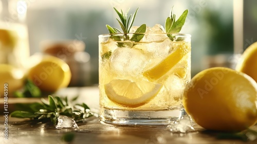 A stylish fruity lemon drink filled with ice cubes and garnished with lemon wedges and herbs evokes refreshing summertime vibes and is ideal for enjoying in a casual setting.