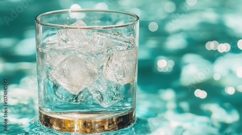 Wallpaper Mural A clear glass filled with cool water and ice cubes, beautifully reflecting sunlight, perfectly displayed against a shimmering pool backdrop on a sunny day. Torontodigital.ca