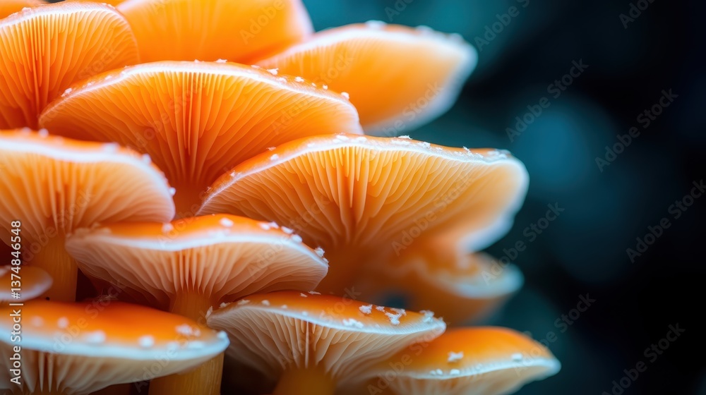 A detailed view of a majestic mushroom cluster with striking orange hues and intricate gills, showcasing the natural beauty and variety found in fungi ecosystems. A detailed view of a majestic mushroom cluster with striking orange hues and intricate gills, showcasing the natural beauty and variety found in fungi ecosystems.