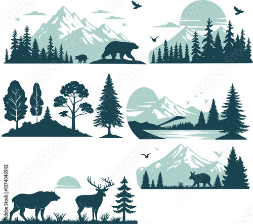 A collection of vector silhouettes featuring wildlife, mountains, forests, and scenic landscapes. Includes bears, deer, birds, and pine trees. Perfect for logos, posters, prints, and digital artwork.

