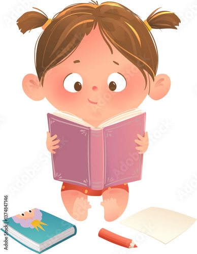 Little cute baby girl sitting reading a book. Cute child studying or reading book. Hobby and education illustration for children. Vector cartoon isolated clip art for kindergarten and school kids.
