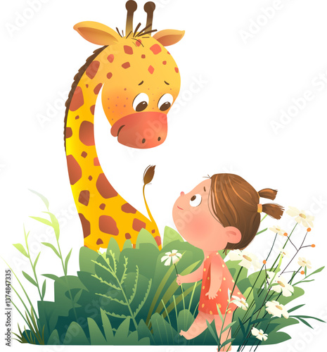Little cute baby girl in nature with giraffe friend. Cute child and her friendly giraffe outdoors in the flower setting. Vector cartoon isolated clip art for kindergarten kids.