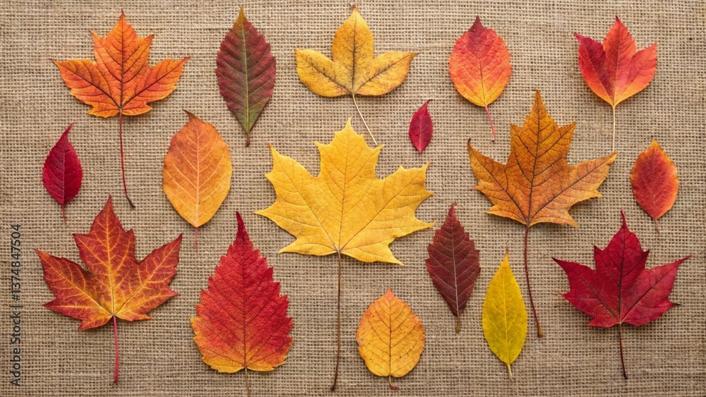 Obraz premium A flat lay of colorful autumn leaves on a textured background, showcasing the season's beauty. 