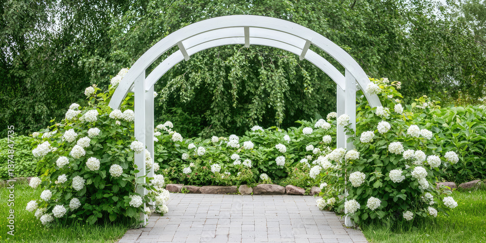 Fototapeta premium Garden arch with flowers and plants on a homestead or cottage backyard. Summer decoration of the garden.