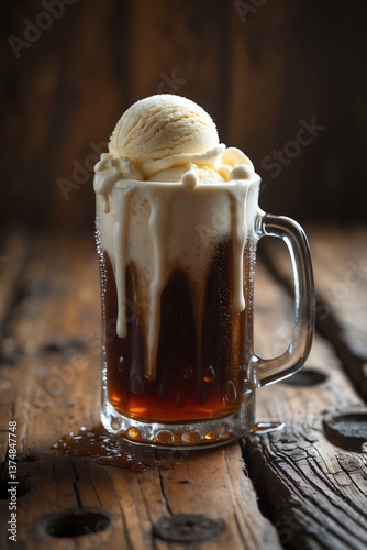 Enjoying Refreshing Root Beer Float in a Glass Mug on Rustic Wood