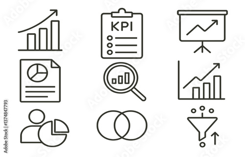 Business analytics icon set featuring charts, kpis, graphs, and diagrams - vector.