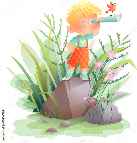 Little boy looking through the spyglass in nature standing on the stone. Child Exploring Nature Looking Through Telescope. Vector cartoon isolated clip art for kids.